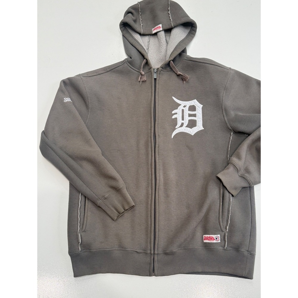 Stitches Detroit Tigers MLB Waffle Knit Full Zip Hoodie Gray Embroidered Mens L